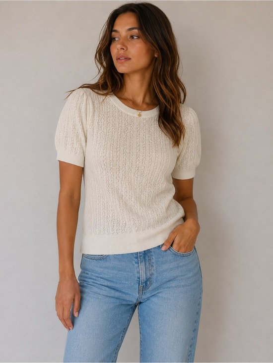 Madewell Tops - Madewell Cream Pointelle Knit Puff Sleeve Sweater Top Size Small